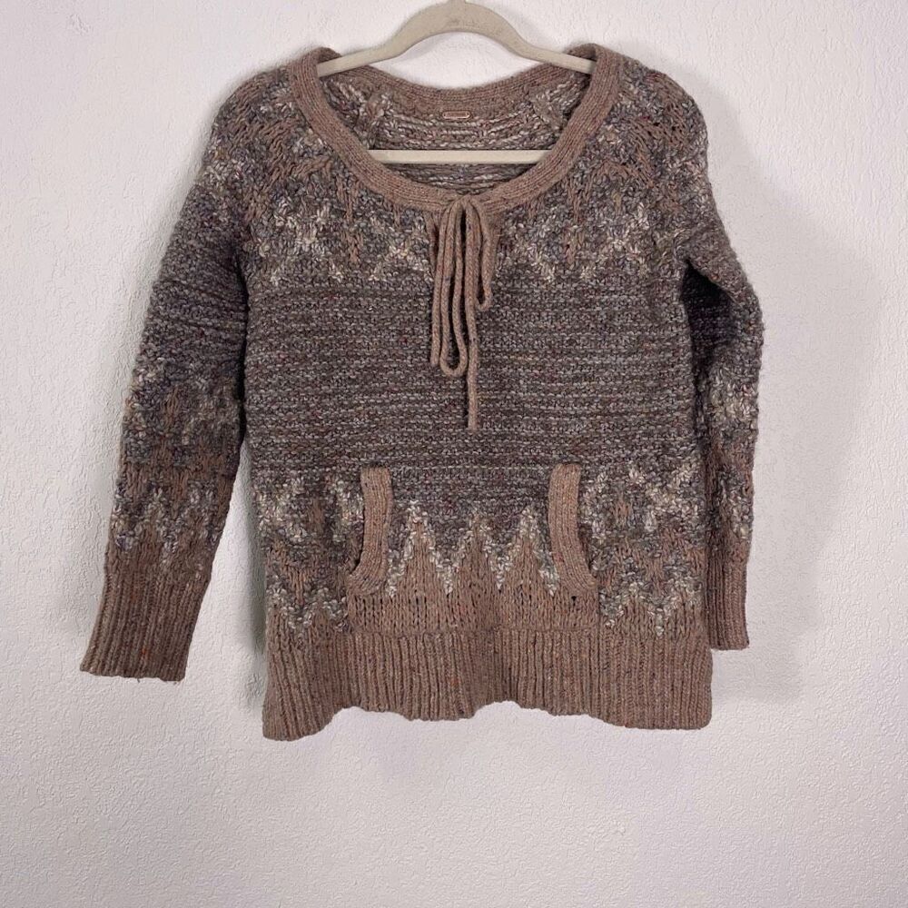 Free People‎ Tan & Brown Love Bug Lace Up Wool Blend Pullover Sweater